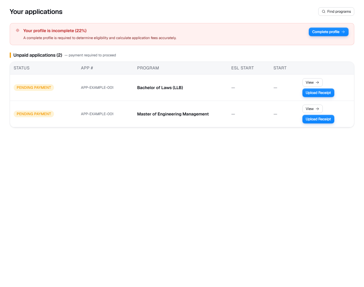 Redacted UniGeni.ai applications page with pending payment applications and detail actions