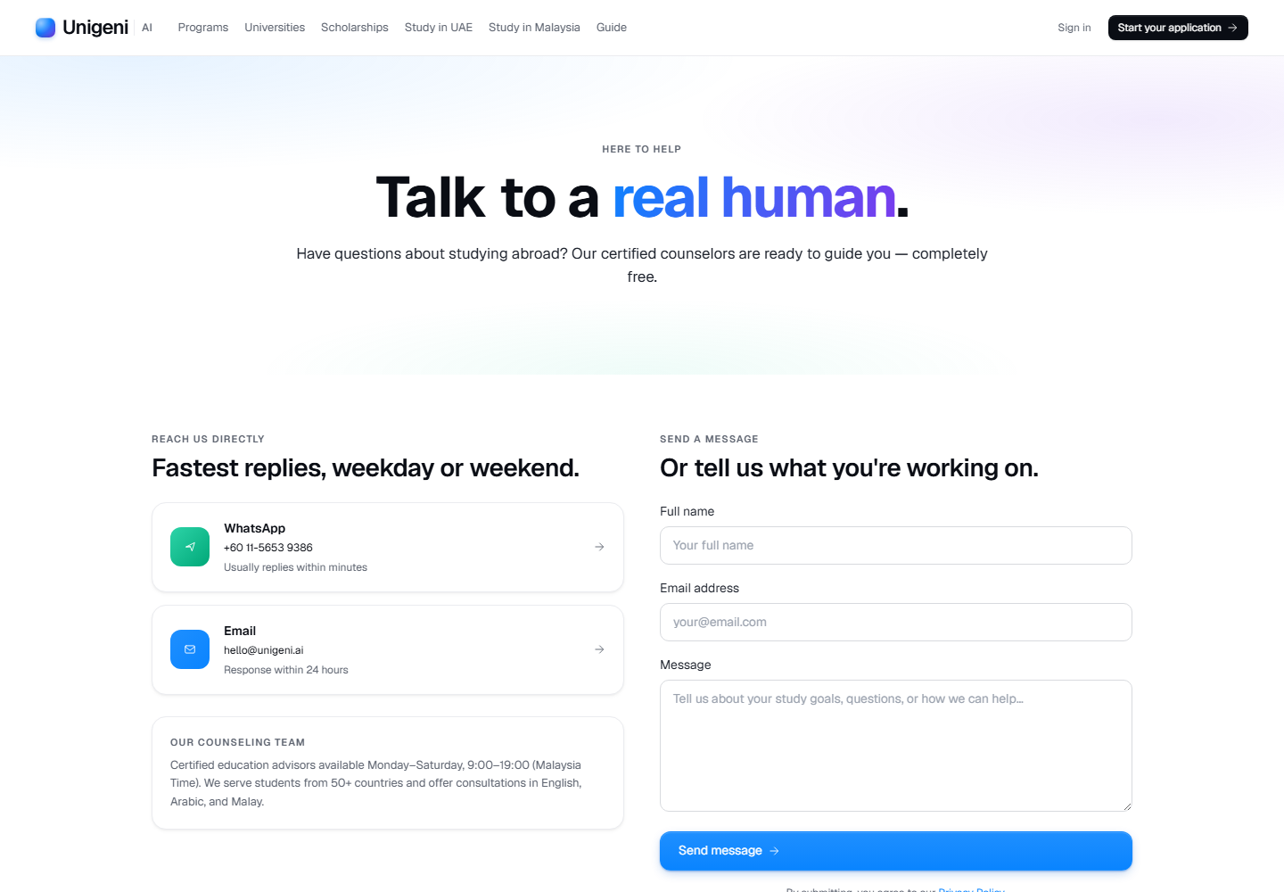UniGeni.ai contact page for talking to a real human about application support