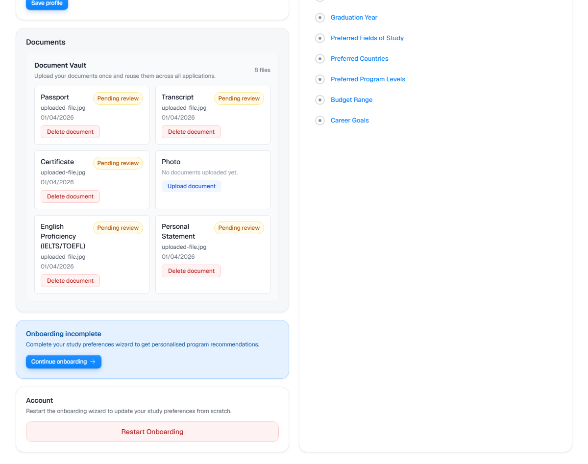 Redacted UniGeni.ai document vault with passport, transcript, certificate, and upload slots