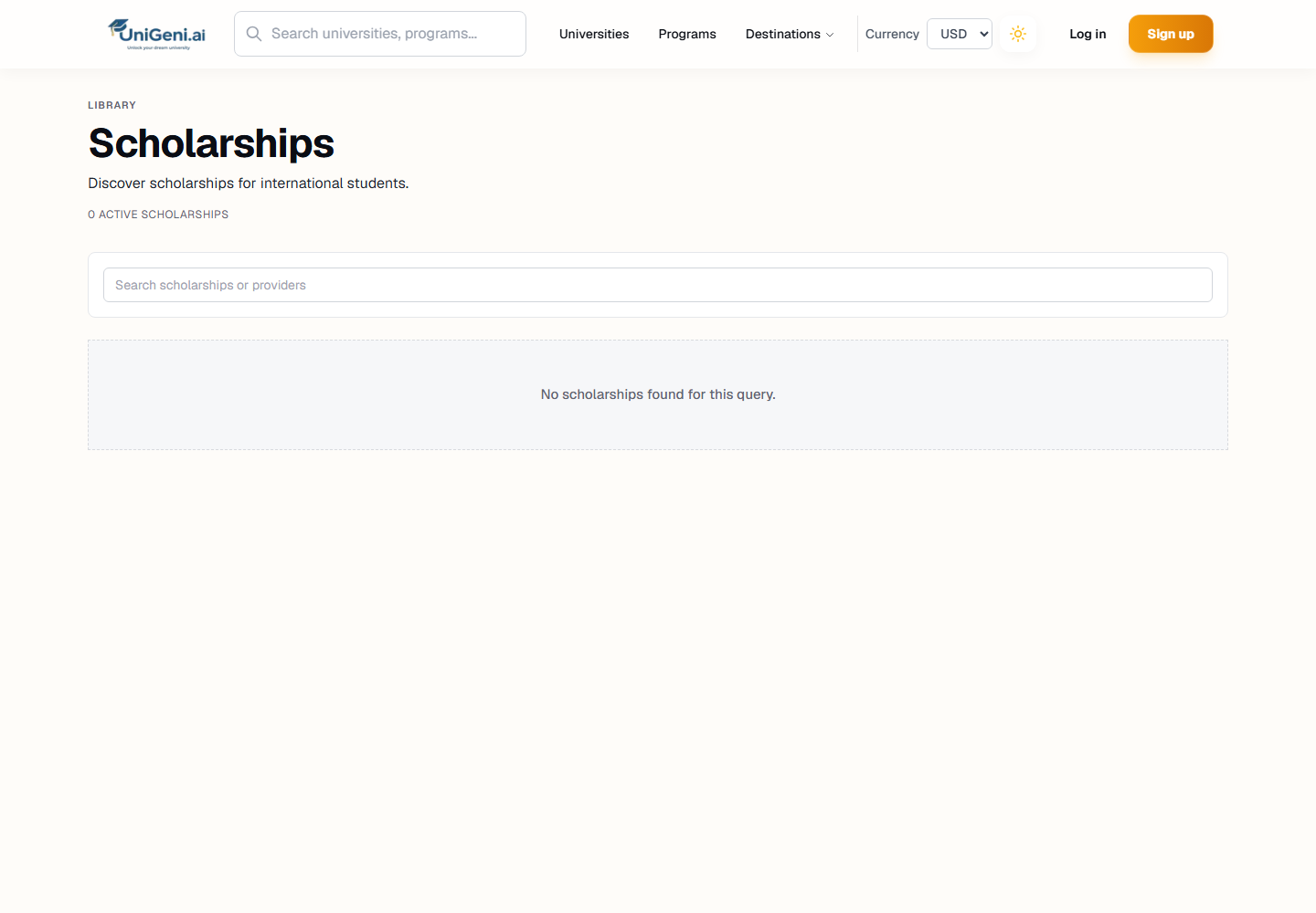 UniGeni.ai scholarships hub with scholarship guidance and calls to action
