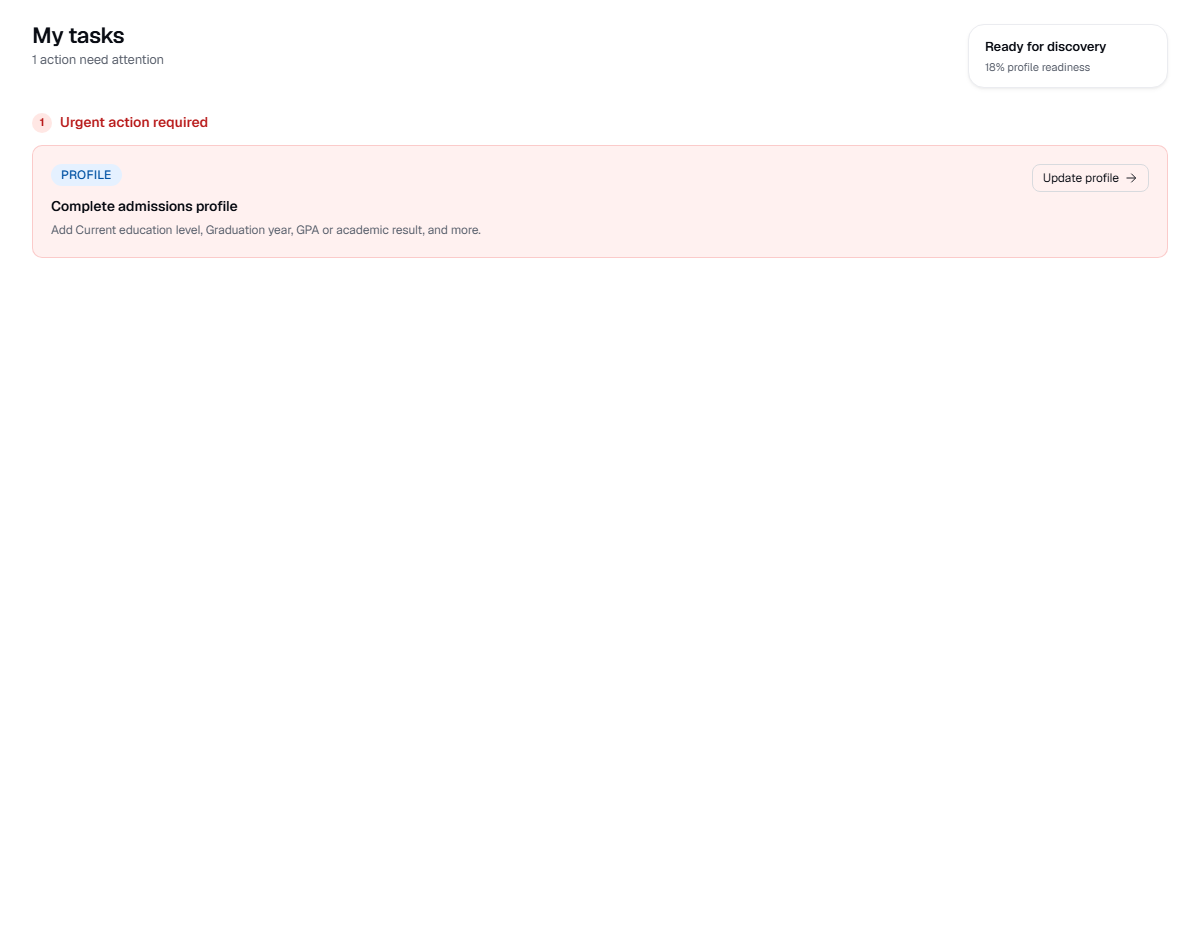 Redacted UniGeni.ai task page showing an urgent profile blocker and update action
